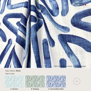Shiva; 7 colori; blu navy astratto; tenda in cotone, mantovana; pannello drappeggiato foderato, plissettato e con larghezza e lunghezza extra offerto come upgrade