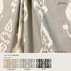Raga Ikat; 3 Colors Sand Dollar Beige Grey; Cotton Curtain, Valance; Extra width & Length, Pleated, Lined Drapery Panel offered as upgrades