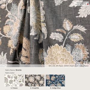 Bronte; 3 Colors Fresco Graphite Indigo Blue; Jacobean Floral Flower; Linen Blend Curtain; Pleated, Lined Drapery Panel offered as upgrades