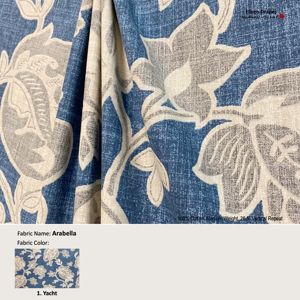 Arabella; Color Yacht Blue; Jacobean Floral Flower Grey; Cotton Curtain, Valance; Pleated, Lined Drapery Panel offered as upgrades