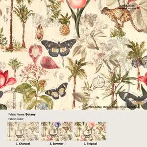 May include: A beige fabric with a botanical print featuring butterflies, pineapples, palm trees, and flowers. The fabric is 100% cotton, medium weight, and has a 27-inch vertical repeat.