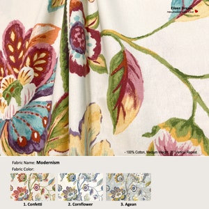 Modernism; 3 Colors; Jacobean Floral Flower; Cotton Curtain, Valance; Extra width & Length, Pleated, Lined Drapery Panel offered as upgrade