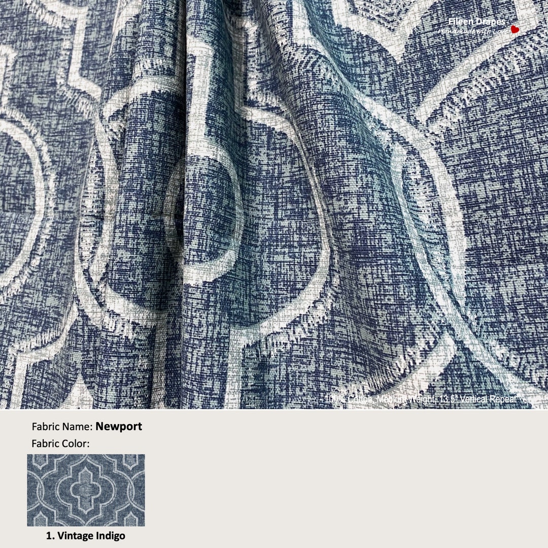 Newport; Color Vintage Indigo Blue; Quatrefoil Trellis Lattice