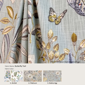 Butterfly Trail; 3 Colors Orchid Robins Egg Platinum; Floral Leaf Blue Flower; Cotton Curtain; Pleated, Lined Drapery offered as upgrades