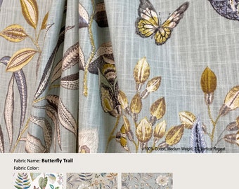 Butterfly Trail; 3 Colors Orchid Robins Egg Platinum; Floral Leaf Blue Flower; Cotton Curtain; Pleated, Lined Drapery offered as upgrades