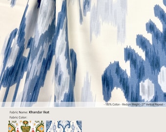 Khandar Ikat; 2 colores; Azul abstracto multicolor; Cortina de algodón, cenefa; Panel de cortina plisado, forrado y de ancho extra que se ofrece como mejoras