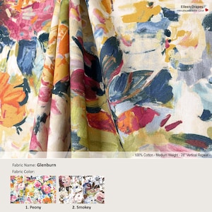 Glenburn; 2 Colors; Abstract Monet Watercolor Floral Flower Multi; Cotton Curtain, Valance; Pleated, Lined Drapery Panel offered as upgrades