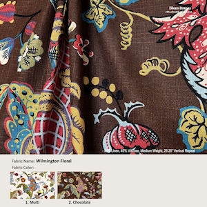 Wilmington Floral; 2 colores; flor jacobina; cortina de mezcla de lino, cenefa; panel de cortina plisado y forrado de ancho adicional que se ofrece como mejoras
