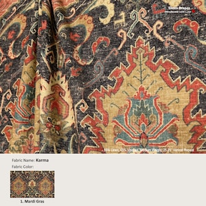 Karma; Color Mardi Gras; Antique Damask Red; Linen Blend Curtain, Valance; Extra width, Pleated, Lined Drapery Panel offered as upgrades