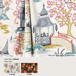 Mikado; 2 Colors; Chinoiserie Toile Asian; Cotton Curtain, Valance; Extra width & Length, Pleated, Lined Drapery Panel offered as upgrades