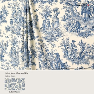 Charmed Life; Color Cornflower; French Toile Country Blue Ivory; Cotton Curtain, Valance; Pleated, Lined Drapery Panel offered as upgrades