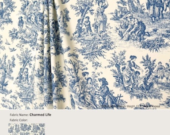 Charmed Life; Color Cornflower; French Toile Country Blue Ivory; Cotton Curtain, Valance; Pleated, Lined Drapery Panel offered as upgrades