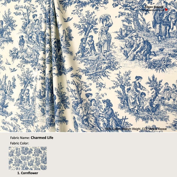 Charmed Life; Color Cornflower; French Toile Country Blue Ivory; Cotton Curtain, Valance; Pleated, Lined Drapery Panel offered as upgrades