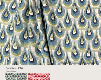 Chloe; 2 Colors; Peacock Green Blue Red Orange Beige; Cotton Curtain, Valance; Extra width, Pleated, Lined Drapery Panel offered as upgrades