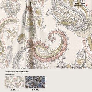 Global Paisley; 2 Colors; Floral Brown Gray; Cotton Curtain, Valance; Extra width & Length, Pleated, Lined Drapery Panel offered as upgrades