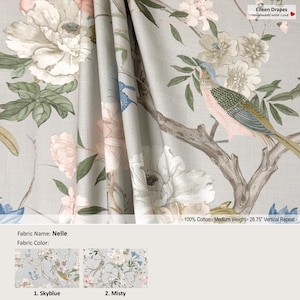 Nelle; 2 cores; Pássaros naturais Mudan Flower Floral Azul Rosa; Cortina de algodão, sanefas; Painel de cortina plissado e forrado oferecido como atualizações