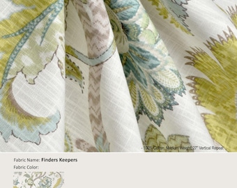 Finders Keepers; Color Peacock; Jacobean Floral Flower; Cotton Curtain; Pleated, Lined Drapery offered as upgrades