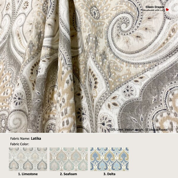 Latika; 3 Colors; Damask Floral Grey Beige Blue; Linen Curtain, Valance; Extra width & Length, Pleated, Lined Drapery offered as upgrades