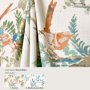 Round Robin; 2 Colors; Watercolor Bird Tree; Cotton Curtain, Valance; Extra width & Length, Pleated, Lined Drapery Panel offered as upgrades
