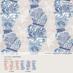 Cote D&#39;Azur; 2 Colors; Chinoiserie Toile Jar; Cotton Curtain, Valance; Extra width & Length, Pleated, Lined Drapery Panel offered as upgrade