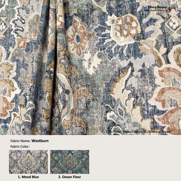 Westburn; 2 Colors; Floral Leaf Damask Toile Blue Beige Taupe; Cotton Curtain, Valance; Pleated, Lined Drapery Panel offered as upgrades