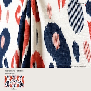 Fazil Ikat; Color Lapis; Modern Blue Red; Cotton Curtain, Valance; Extra width & Length, Pleated, Lined Drapery Panel offered as upgrades