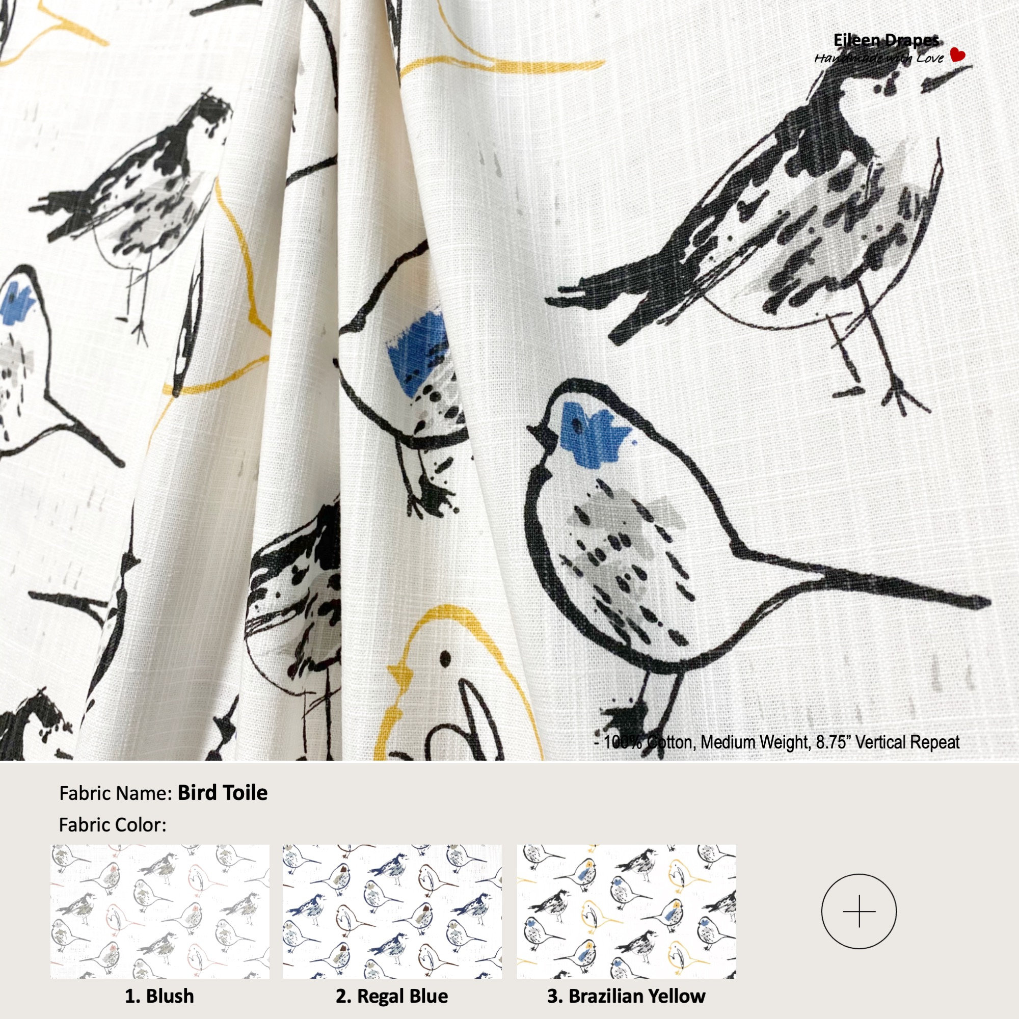 Bird Toile; 4 Colors Blush Scarlet Blue Yellow; Cotton Curtain, Valance; Extra width & Length, Pleated, Lined Drapery offered as upgrades
