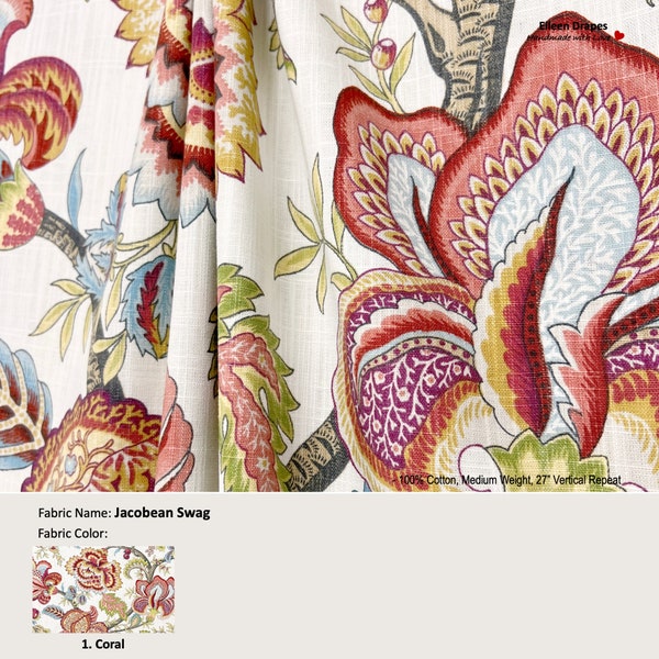 Jacobean Swag; Color Coral; Floral Flower; Cotton Curtain, Valance; Extra width & Length, Pleated, Lined Drapery Panel offered as upgrades