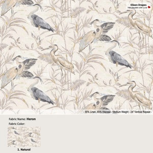 Heron; Color Natural; Novelty Botanical Sea Birds Beige; Linen Blend Curtain, Valance; Pleated, Lined Drapery Panel offered as upgrades