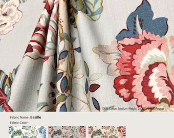 Basille; 3 Colors; Jacobean Floral Flower; Cotton Curtain, Valance; Extra width & Length, Pleated, Lined Drapery Panel offered as upgrades