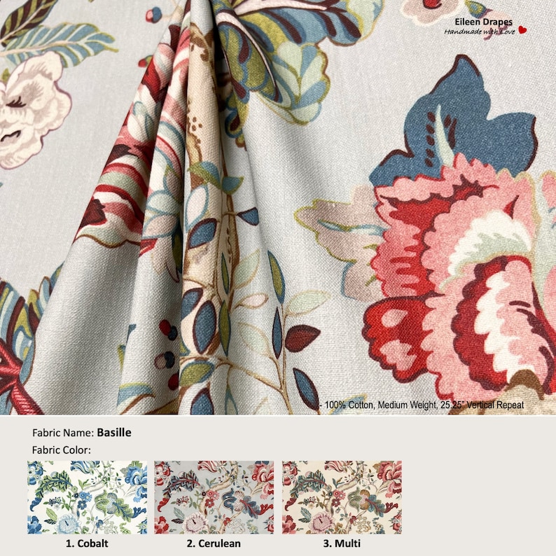 Basille; 3 Colors; Jacobean Floral Flower; Cotton Curtain, Valance ...