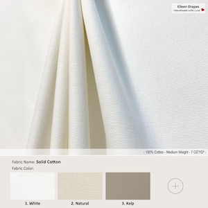 Solid Cotton; 11 Colors; Medium Weight; Custom Curtain, Valance; Extra width & Length, Pleated, Lined Drapery Panel offered as upgrades