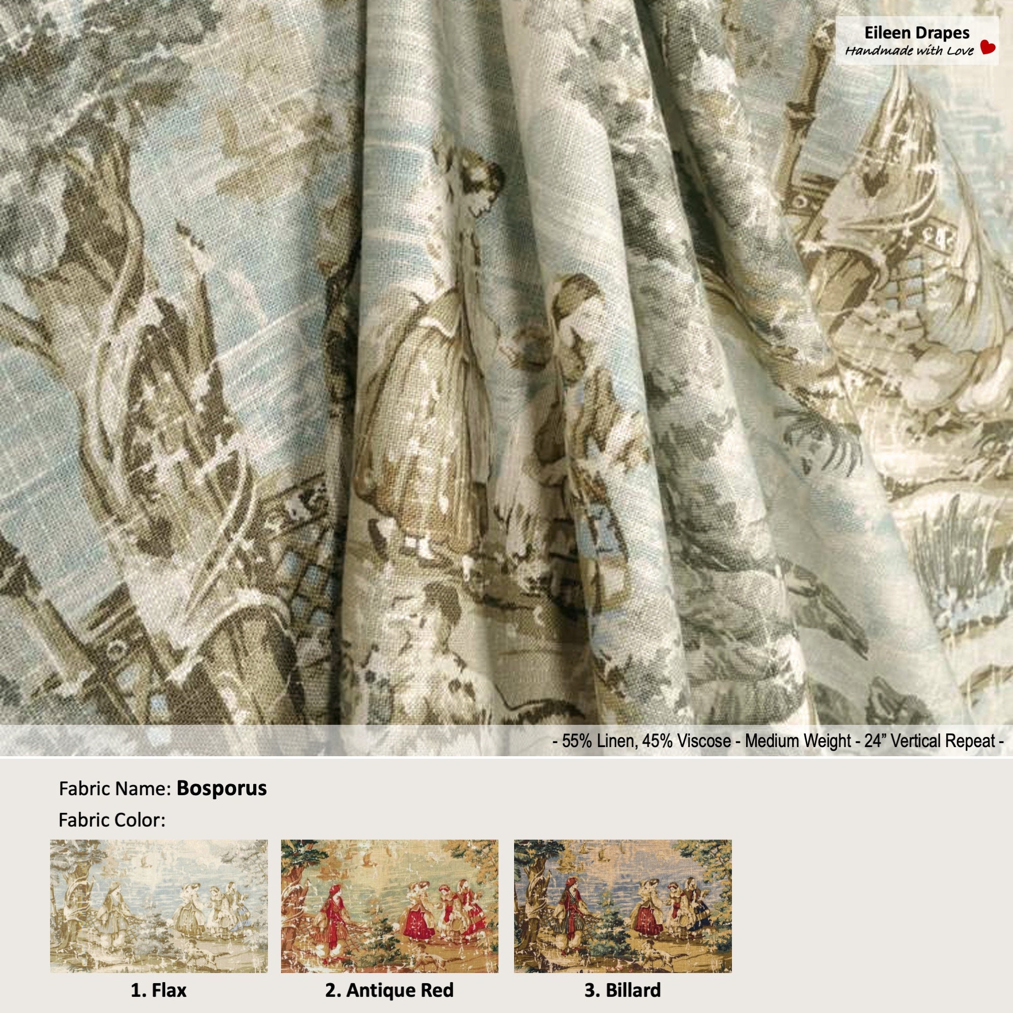 Bosporus; 3 Colors Flax Antique Red Billard; French Toile Victorian; Linen Blend Curtain, Valance; Pleated Lined Drapery offered as upgrades