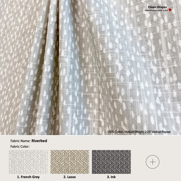 Riverbed; 7 Colors; Dots Grey Beige Blue; Cotton Curtain, Valance; Extra width & Length, Pleated, Lined Drapery Panel offered as upgrades