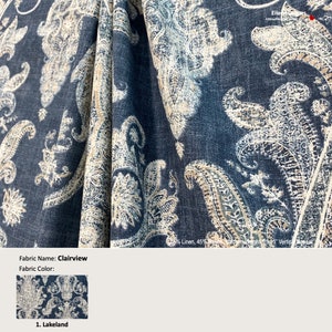 Clairview; Color Lakeland Blue; Paisley Damask Basketweave; Linen Blend Curtain, Valance; Pleated, Lined Drapery Panel offered as upgrades