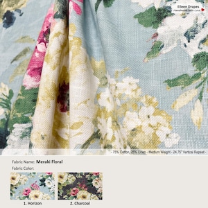 Meraki Floral; 2 Colors; Watercolor Flower Blue Colorful; Cotton Blend Curtain, Valance; Pleated, Lined Drapery Panel offered as upgrade