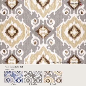 Delhi Ikat; 3 Colors; Abstract Beige Gray; Cotton Curtain, Valance; Extra width & Length, Pleated, Lined Drapery Panel offered as upgrades