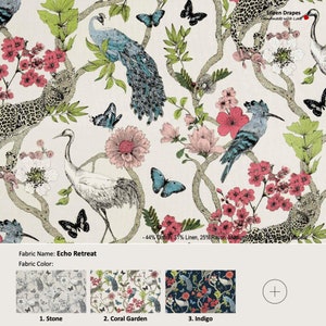 Echo Retreat; 6 Colors; Floral Bird Peacock Crane Leopard; Cotton Blend Curtain, Valance; Pleated, Lined Drapery Panel offered as upgrades