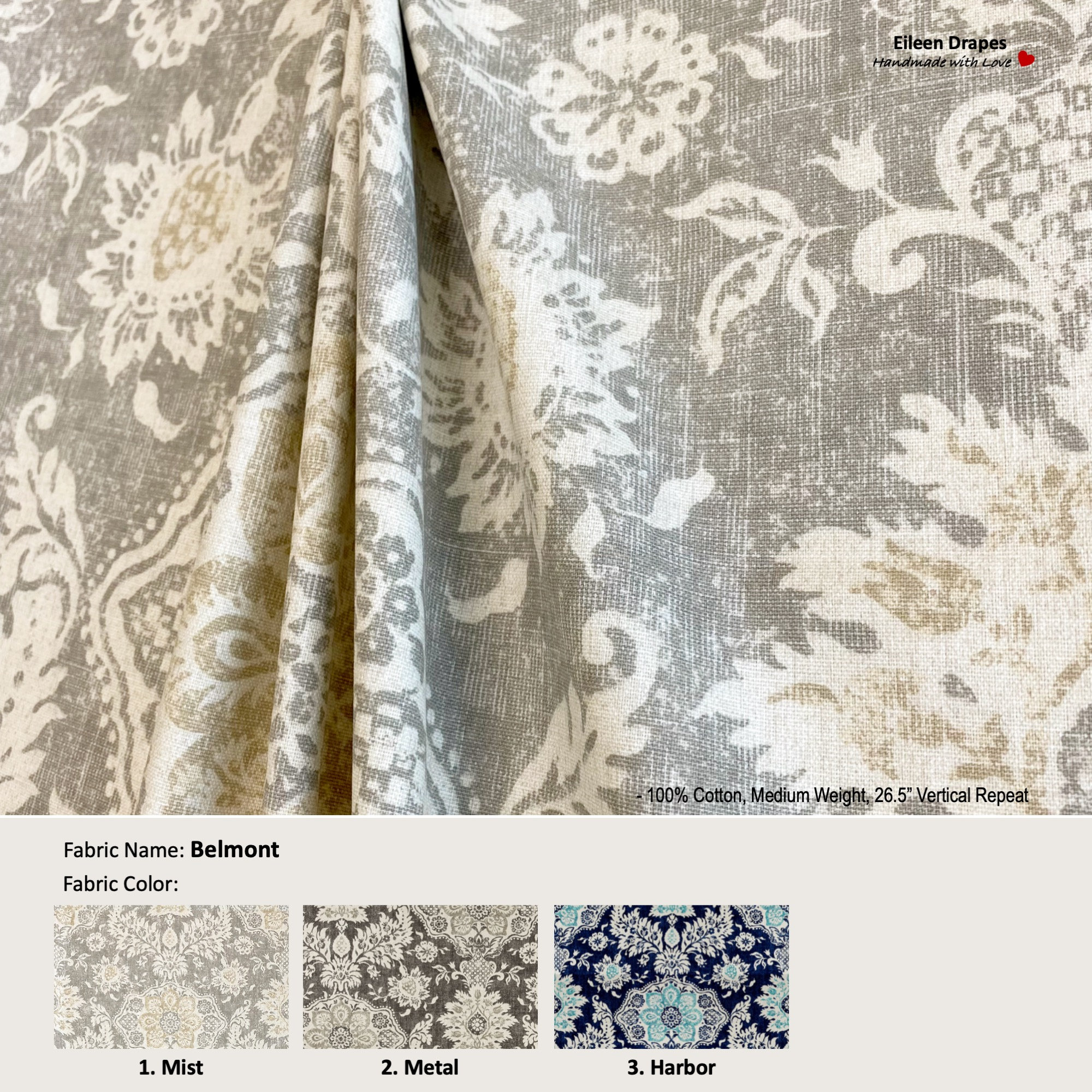 Belmont; 3 Colors; Damask Floral Flower; Cotton Curtain, Valance; Extra width & Length, Pleated, Lined Drapery Panel offered as upgrades