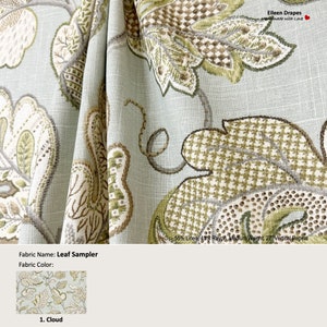 Blatt-Sampler; Farbe Wolke; Jacobean Blätter Vine Blau Grün Beige; Vorhang, Volant aus Baumwolle; Gefaltetes, gefüttertes Vorhangpanel, das als Upgrade angeboten wird