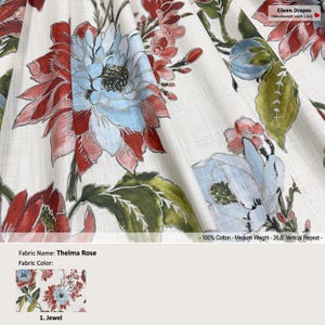 Thelma Rose; Color Jewel; Watercolor Flower; Cotton Curtain, Valance; Extra width & Length, Pleated, Lined Drapery Panel offered as upgrades