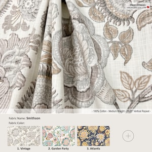 Smithson; 4 Colors; Jacobean Floral Flower Beige Brown Gray; Cotton Curtain, Valance; Pleated, Lined Drapery Panel offered as upgrades