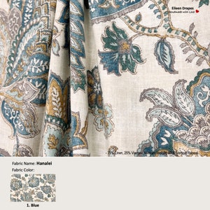Hanalei; Color Blue; Jacobean Floral; Linen Blend Curtain, Valance; Extra width & Length, Pleated, Lined Drapery Panel offered as upgrades