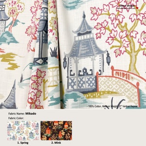 Mikado; 2 Colors; Chinoiserie Toile Asian; Cotton Curtain, Valance; Extra width & Length, Pleated, Lined Drapery Panel offered as upgrades