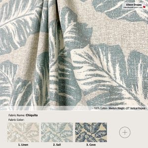 Chiquita; 3 Colors; Leaf White Green Blue; Cotton Curtain, Valance; Extra width & Length, Pleated, Lined Drapery Panel offered as upgrades