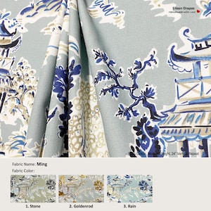 Ming; 3 colori pietra Goldenrod pioggia; Chinoiserie giardino Toile Pavilion; tenda di cotone, volant; drappeggio plissettato e foderato offerto come upgrade