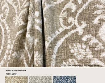 Dalusio; 3 Colors; Damask Floral Lotus Taupe Blue; Cotton Curtain, Valance; Extra Width, Pleated, Lined Drapery Panel offered as upgrades