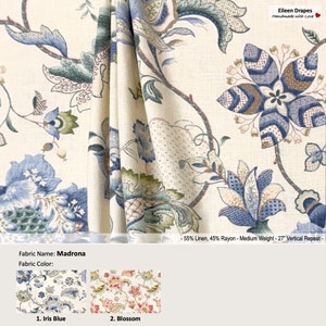 Madrid; 2 kleuren; Jacobijnse bloemen bloem blauw beige rood; Gordijn van linnenmix, volant; Geplooid, gevoerd draperiepaneel aangeboden als upgrades