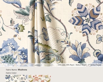 Madrona; 2 Colors; Jacobean Floral Flower Blue Beige Red; Linen Blend Curtain, Valance; Pleated, Lined Drapery Panel offered as upgrades