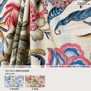 Exotic Curiosity; 2 Colors; Jacobean Floral Flower Palm Tree; Linen Blend Curtain, Valance; Pleated, Lined Drapery Panel offered as upgrades